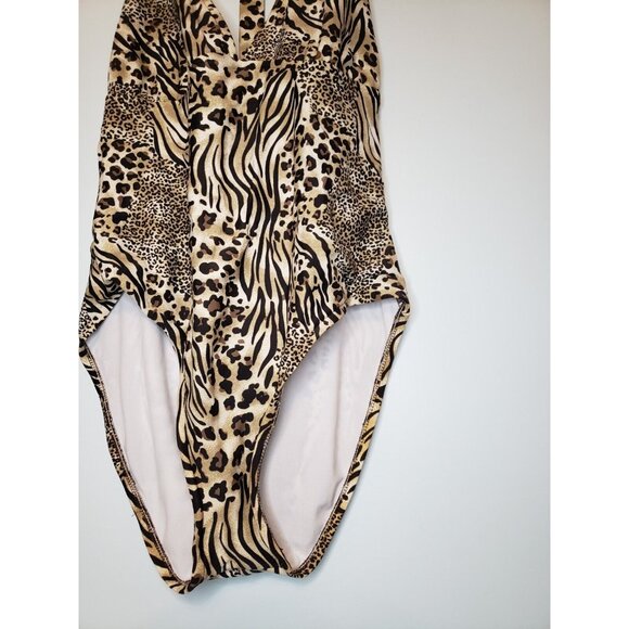 Vtg Catalina Women M Swimsuit One Piece Cheetah Tiger Animal Print Halter Deep V - Picture 3 of 6